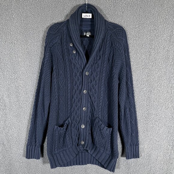 LL Bean Fisherman Cotton Shawl Collar Knit Sweater Cardigan - Men's Size L -Blue - Picture 1 of 7